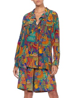1990S Silk Tassle Print Oversized Top And Shorts Ensemble From Saks 5Th Ave
