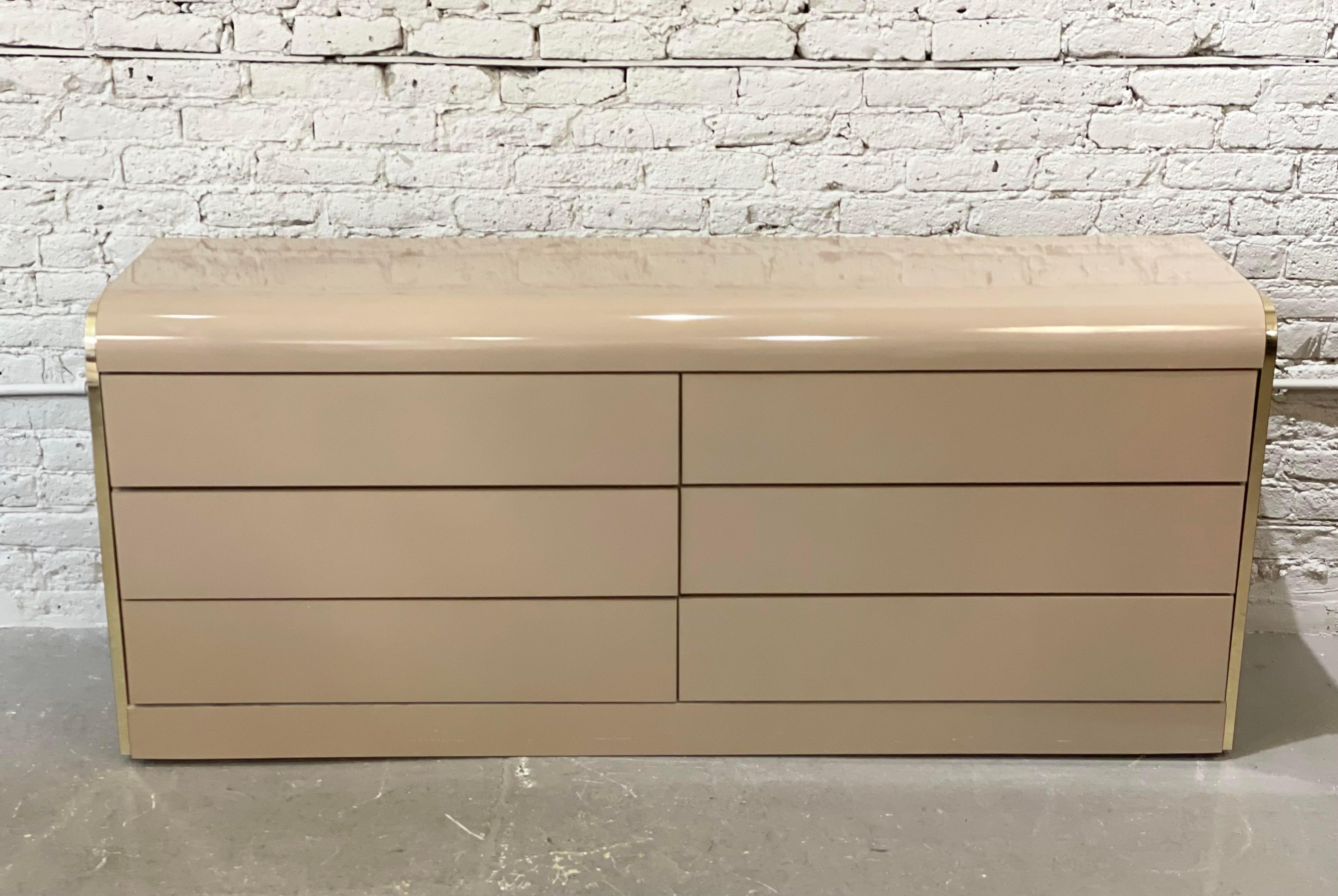 1980s Taupe Lacquer and Brass Postmodern Dresser 2