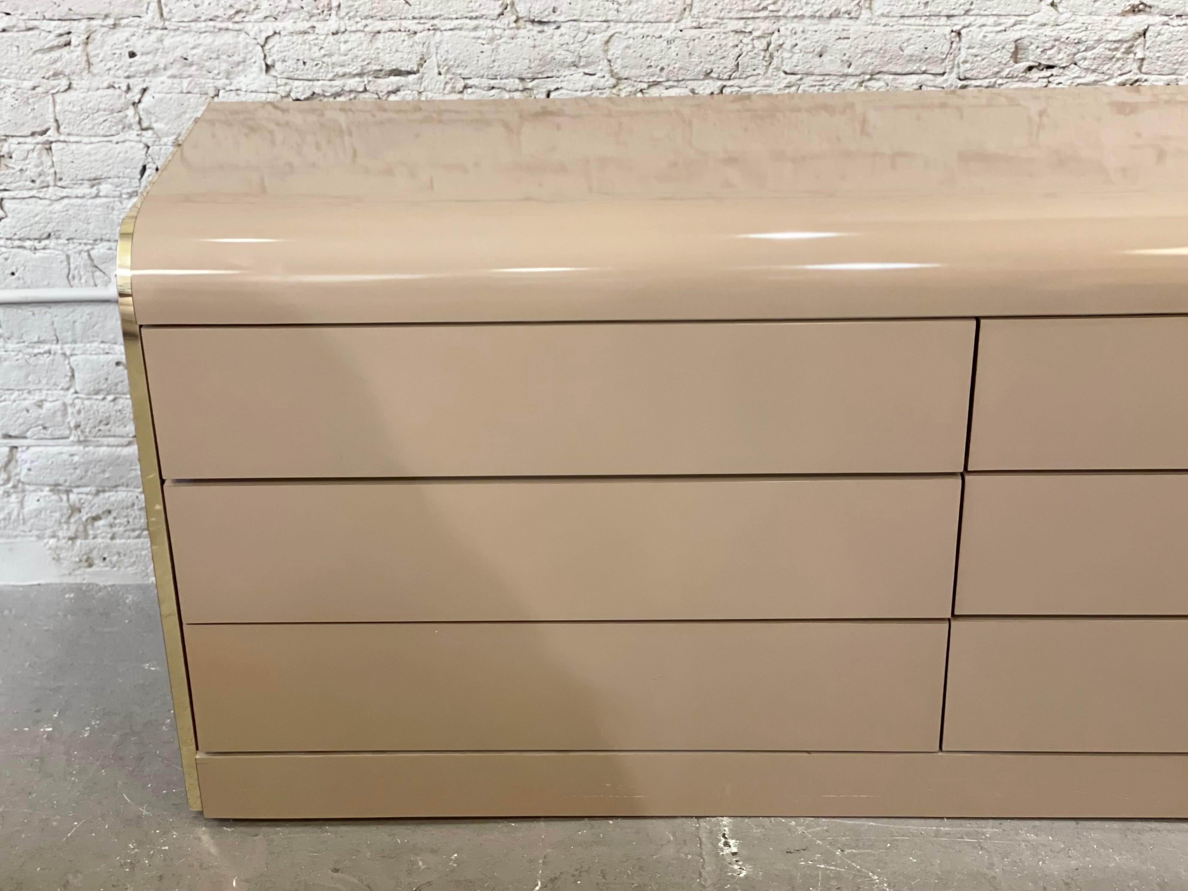 Post-Modern 1980s Taupe Lacquer and Brass Postmodern Dresser