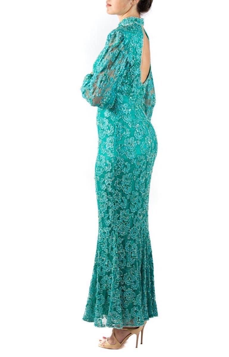 1980S Teal Beaded Rayon Lace Gown With Sleeves In Excellent Condition For Sale In New York, NY