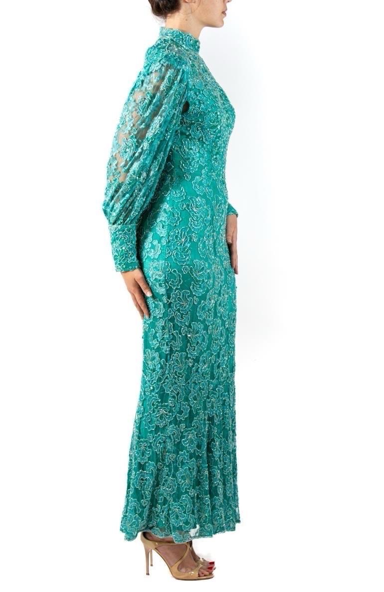 1980S Teal Beaded Rayon Lace Gown With Sleeves In Excellent Condition For Sale In New York, NY