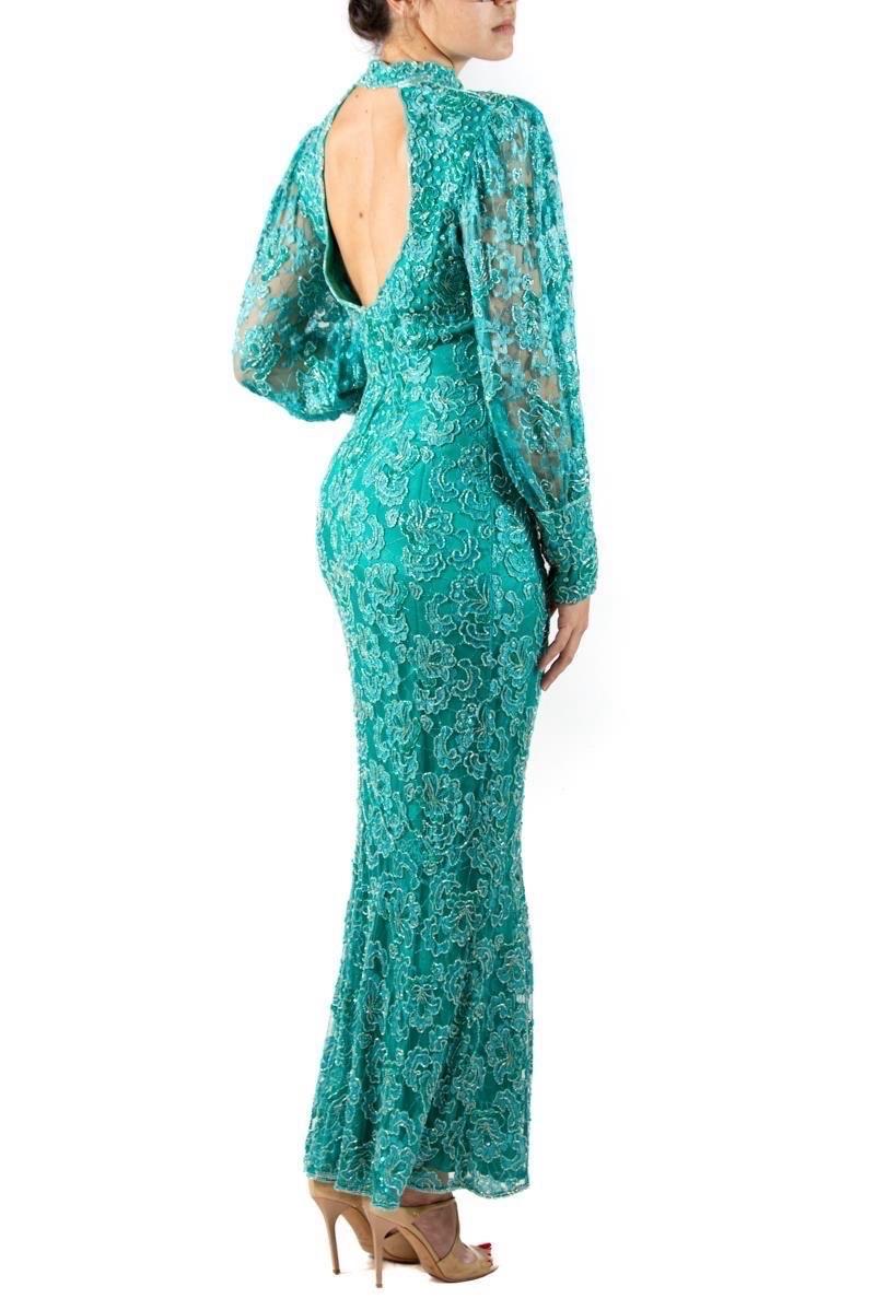 1980S Teal Beaded Rayon Lace Gown With Sleeves For Sale 1