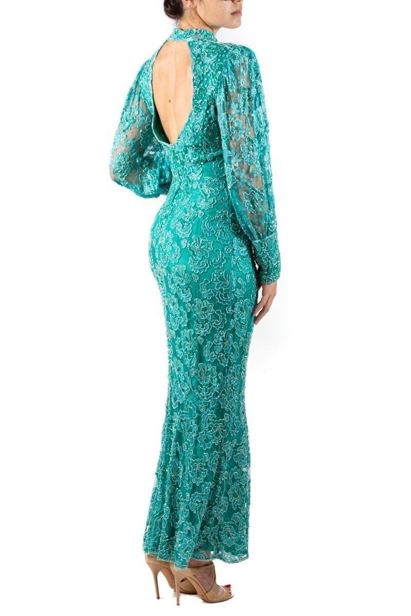 Women's 1980S Teal Beaded Rayon Lace Gown With Sleeves For Sale