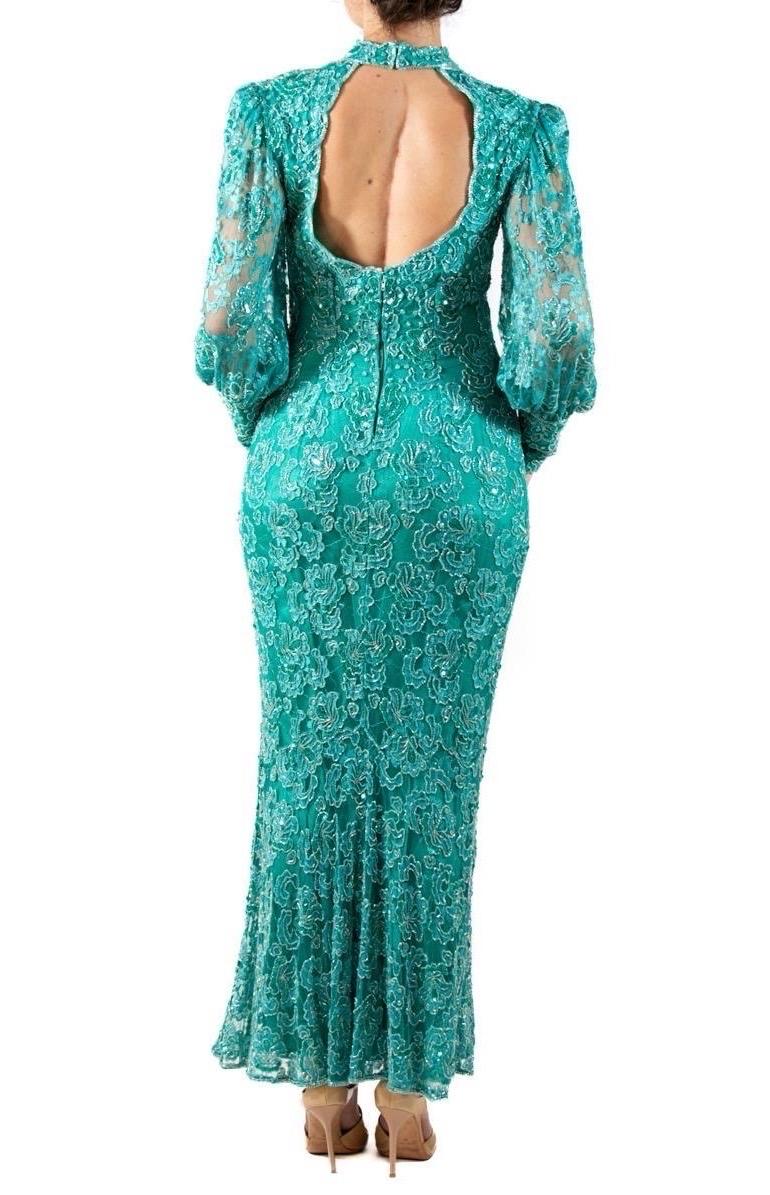 1980S Teal Beaded Rayon Lace Gown With Sleeves For Sale 2
