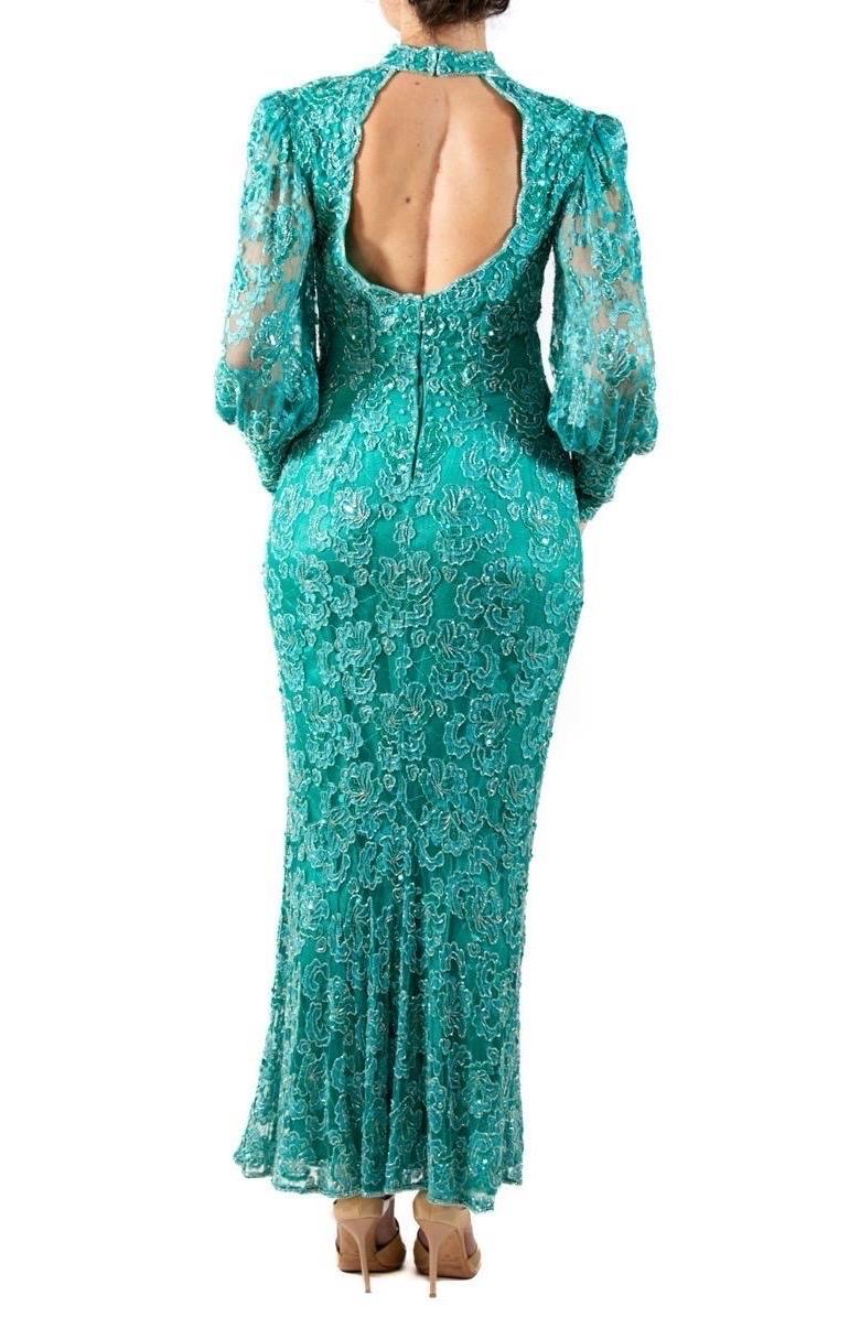 1980S Teal Beaded Rayon Lace Gown With Sleeves For Sale 1