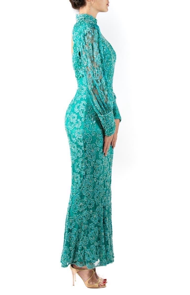 1980S Teal Beaded Rayon Lace Gown With Sleeves For Sale 2