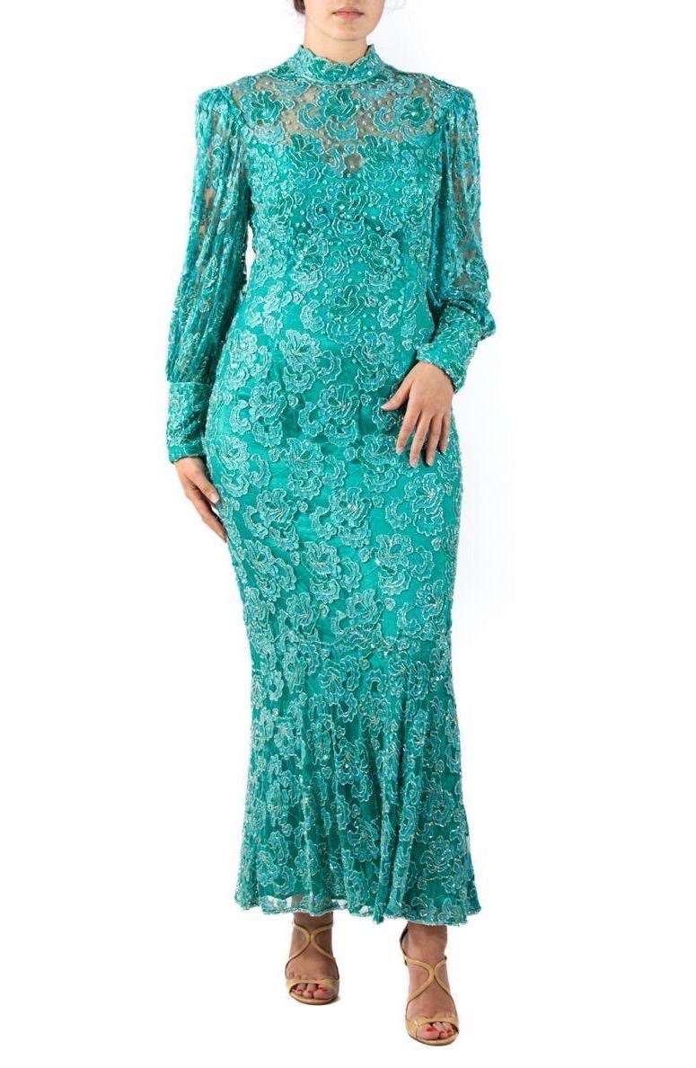 1980S Teal Beaded Rayon Lace Gown With Sleeves For Sale 3