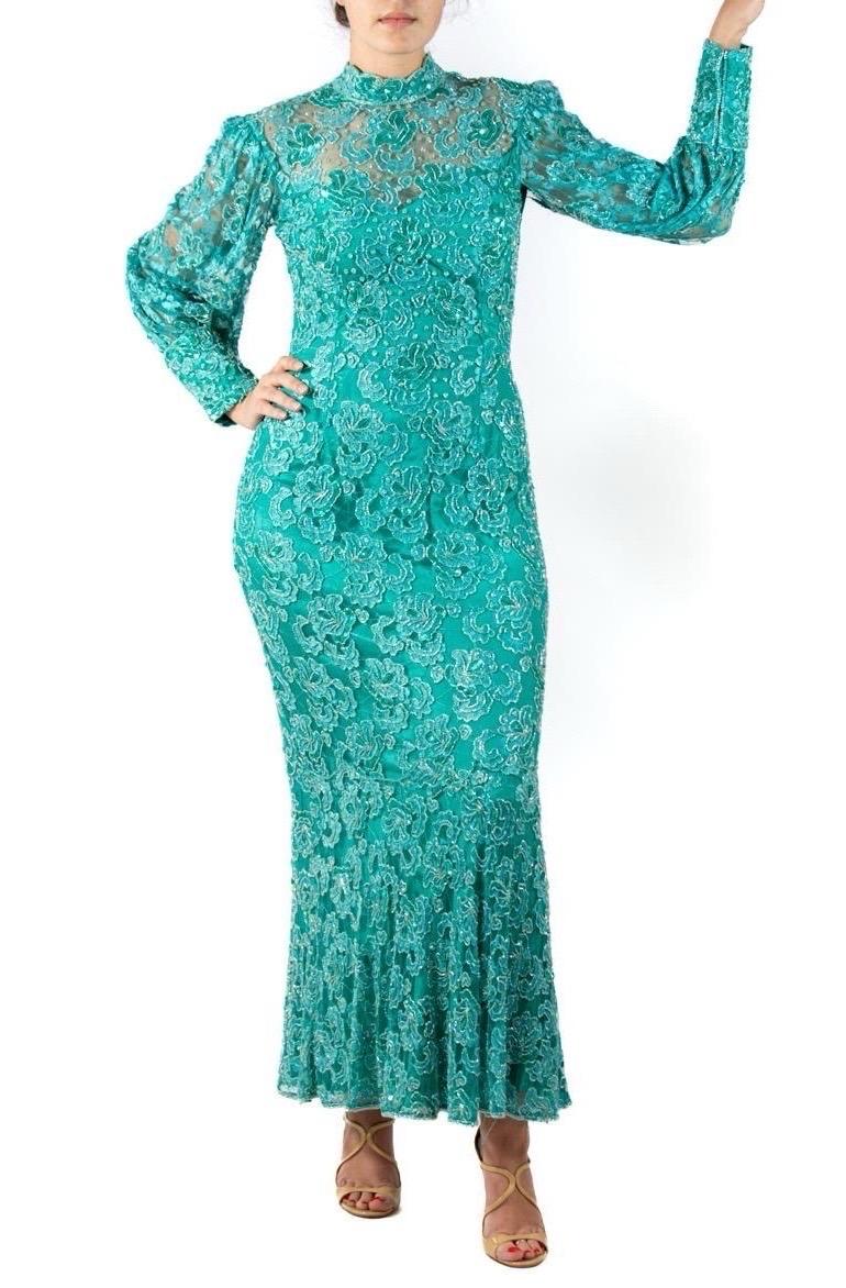 1980S Teal Beaded Rayon Lace Gown With Sleeves For Sale 5
