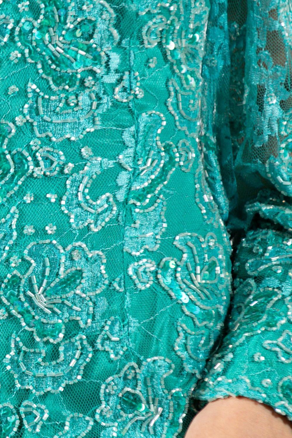 1980S Teal Beaded Rayon Lace Gown With Sleeves For Sale 6