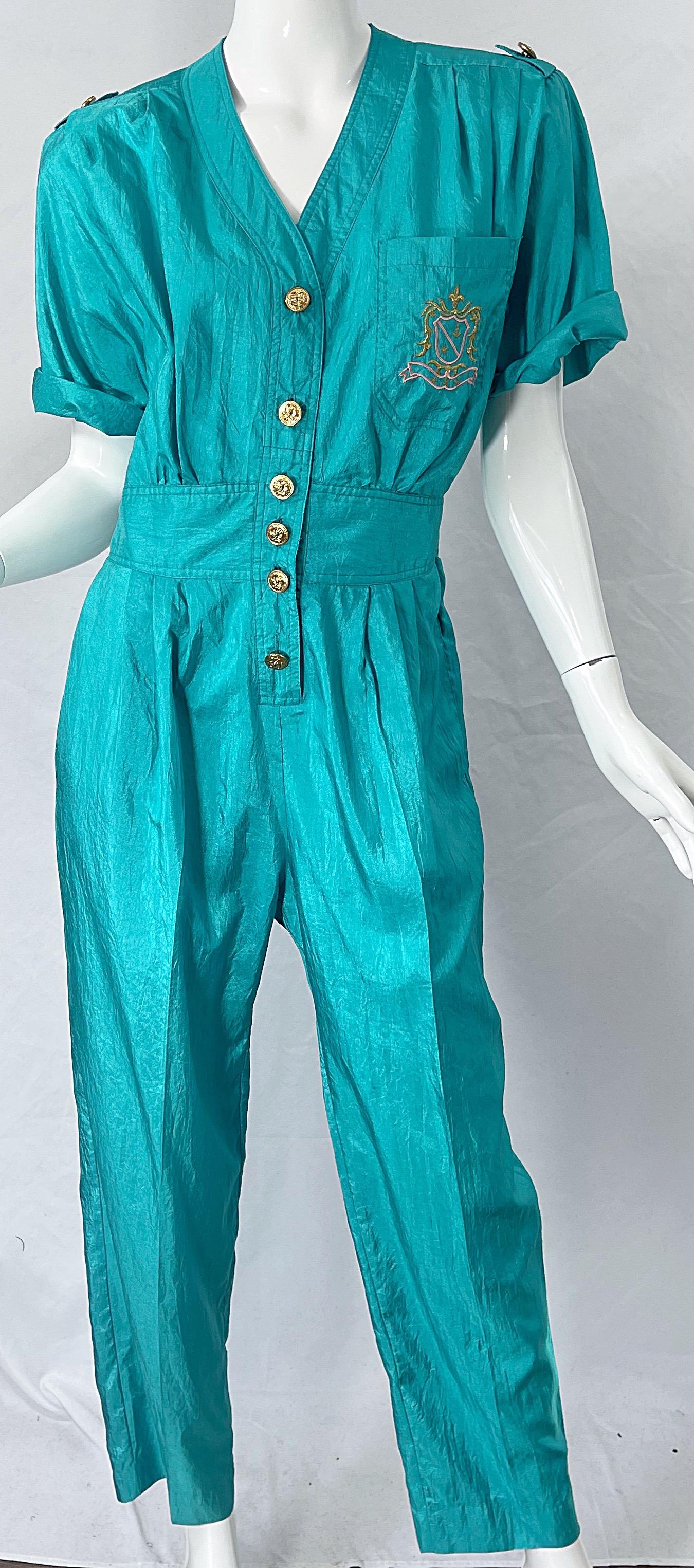 1980s Teal Blue Green Size 10 Crescent Windbreaker Fabric Vintage 80s Jumpsuit 3
