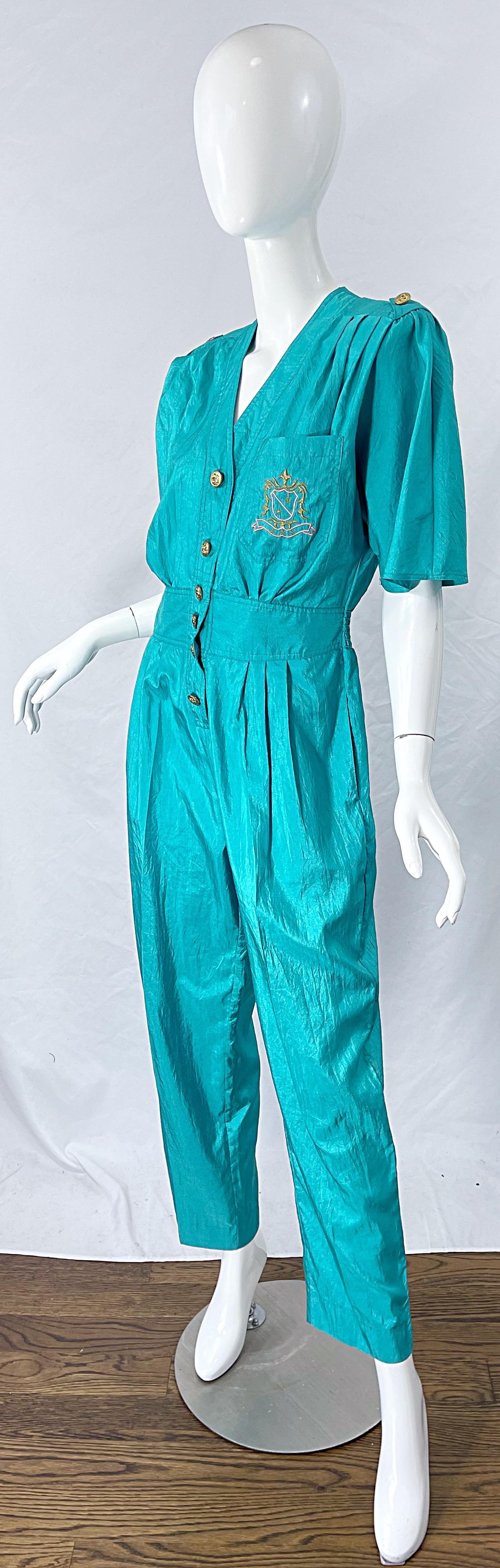 1980s Teal Blue Green Size 10 Crescent Windbreaker Fabric Vintage 80s Jumpsuit 5