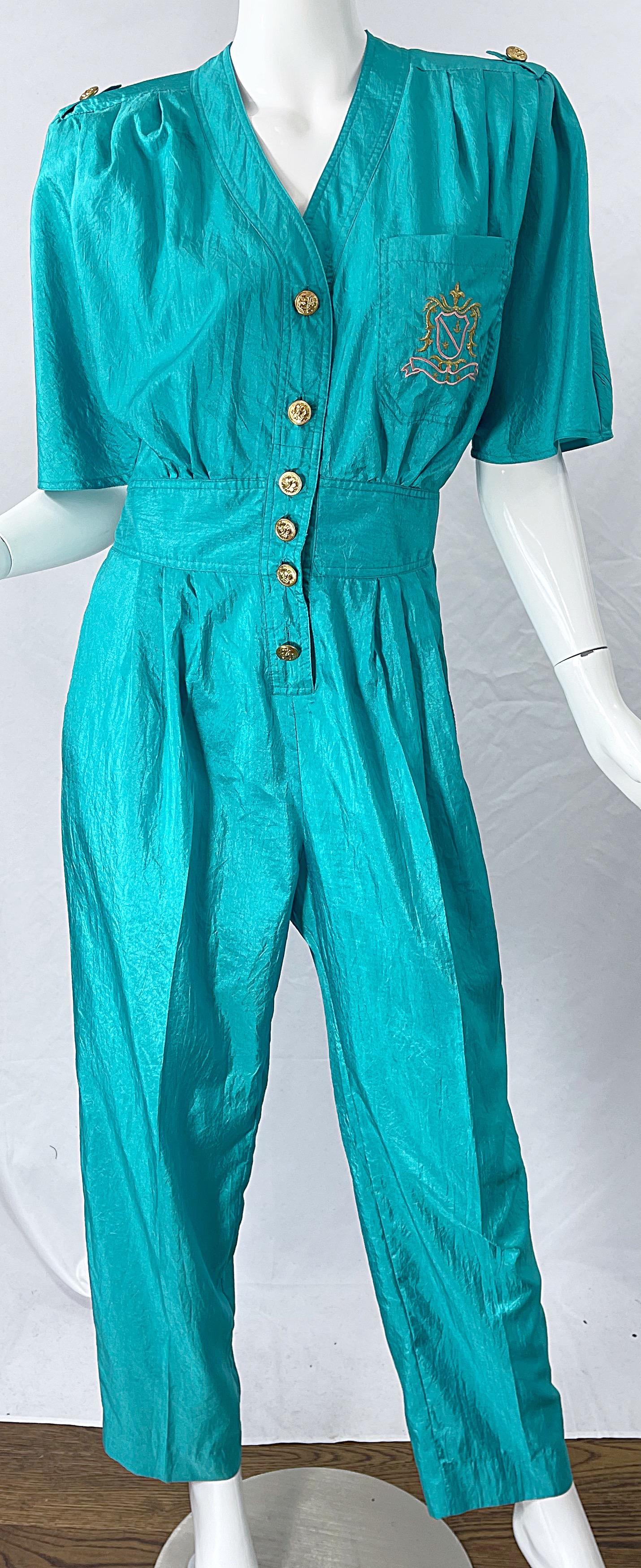 1980s Teal Blue Green Size 10 Crescent Windbreaker Fabric Vintage 80s Jumpsuit 6
