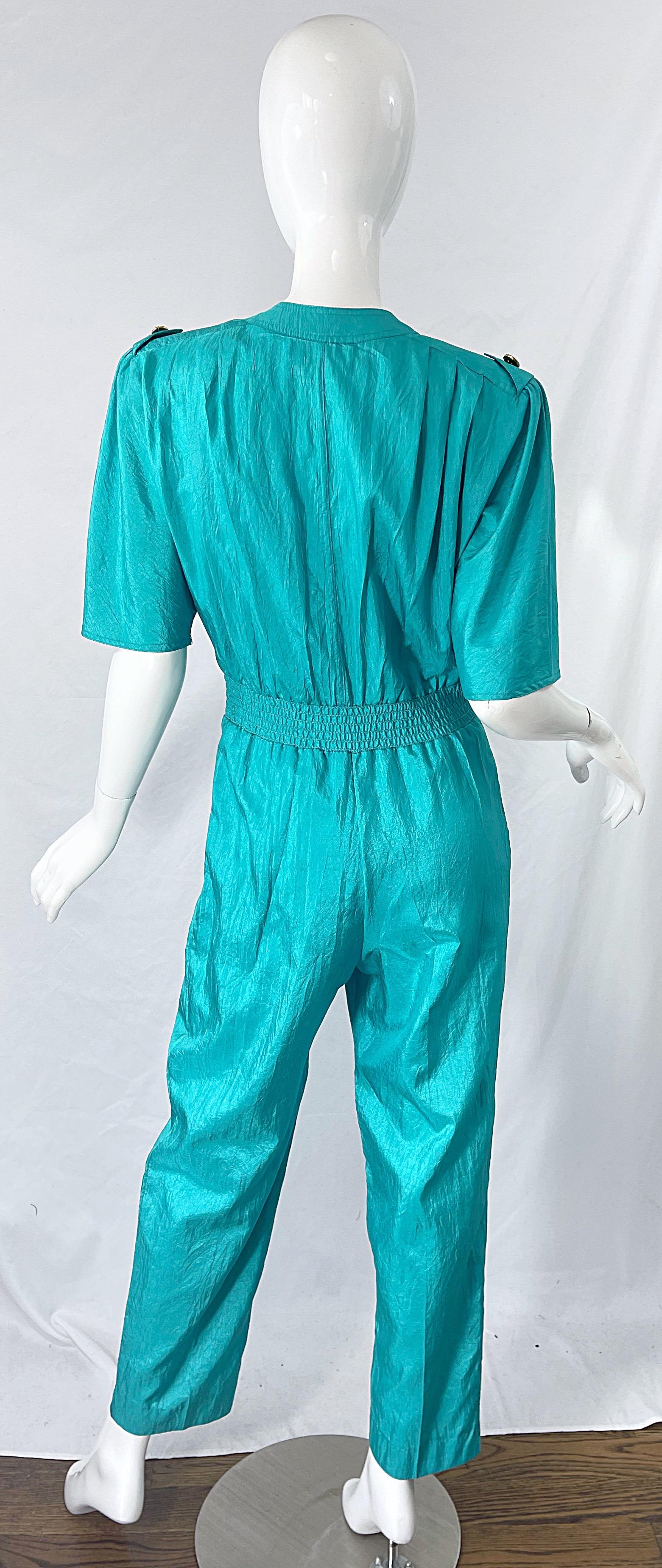 1980s Teal Blue Green Size 10 Crescent Windbreaker Fabric Vintage 80s Jumpsuit 7