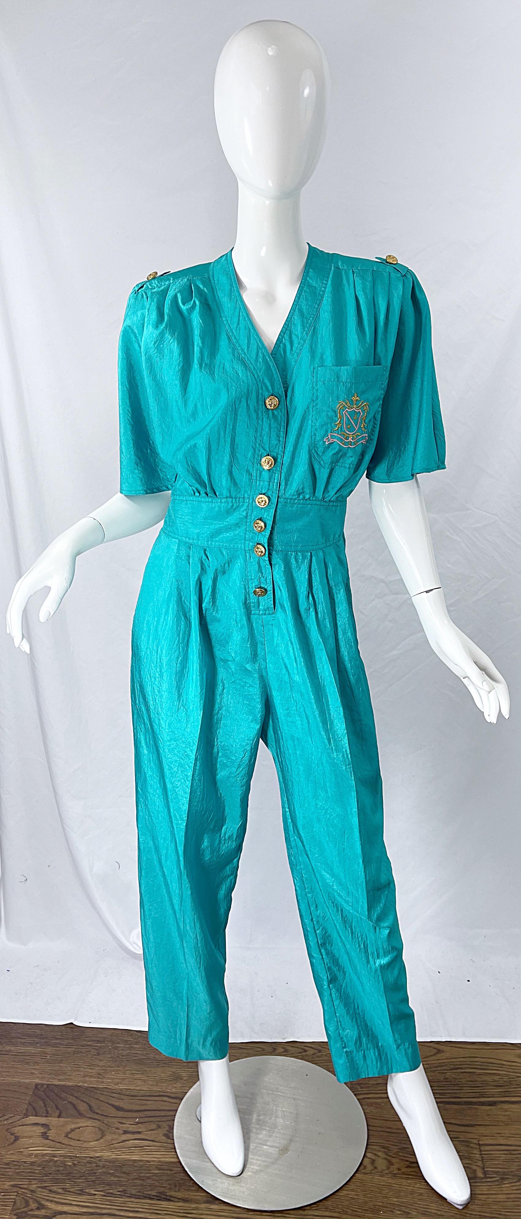 1980s Teal Blue Green Size 10 Crescent Windbreaker Fabric Vintage 80s Jumpsuit 8