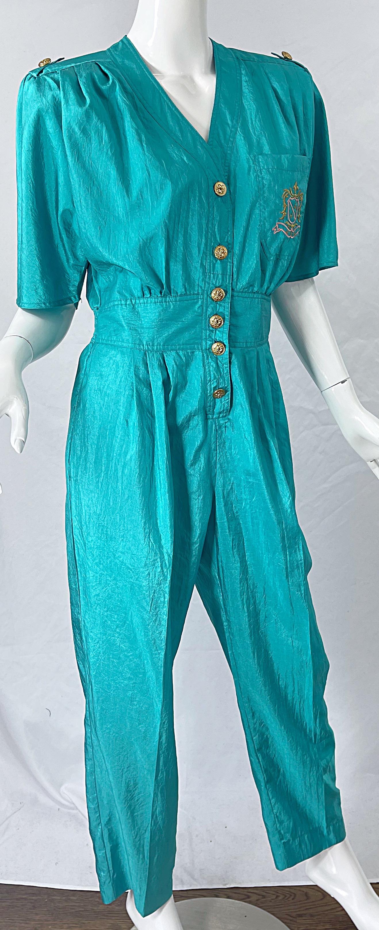 1980s Teal Blue Green Size 10 Crescent Windbreaker Fabric Vintage 80s Jumpsuit In Excellent Condition In San Diego, CA