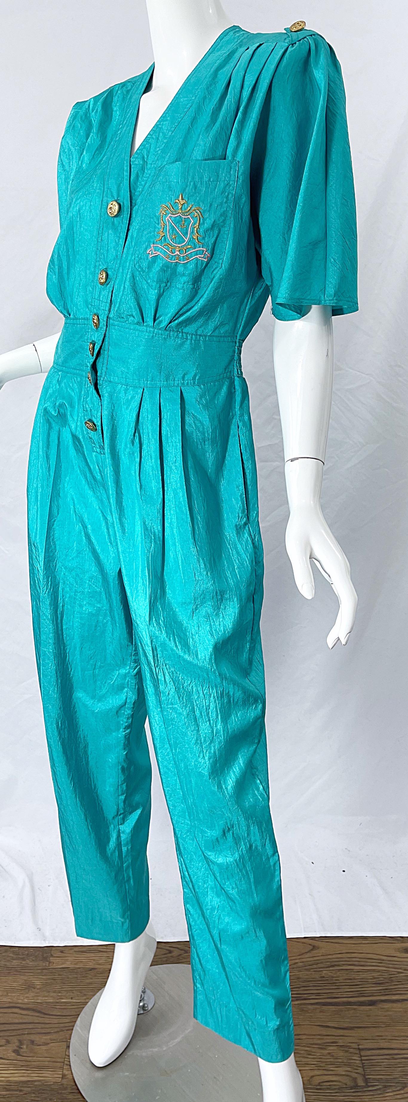 Women's 1980s Teal Blue Green Size 10 Crescent Windbreaker Fabric Vintage 80s Jumpsuit