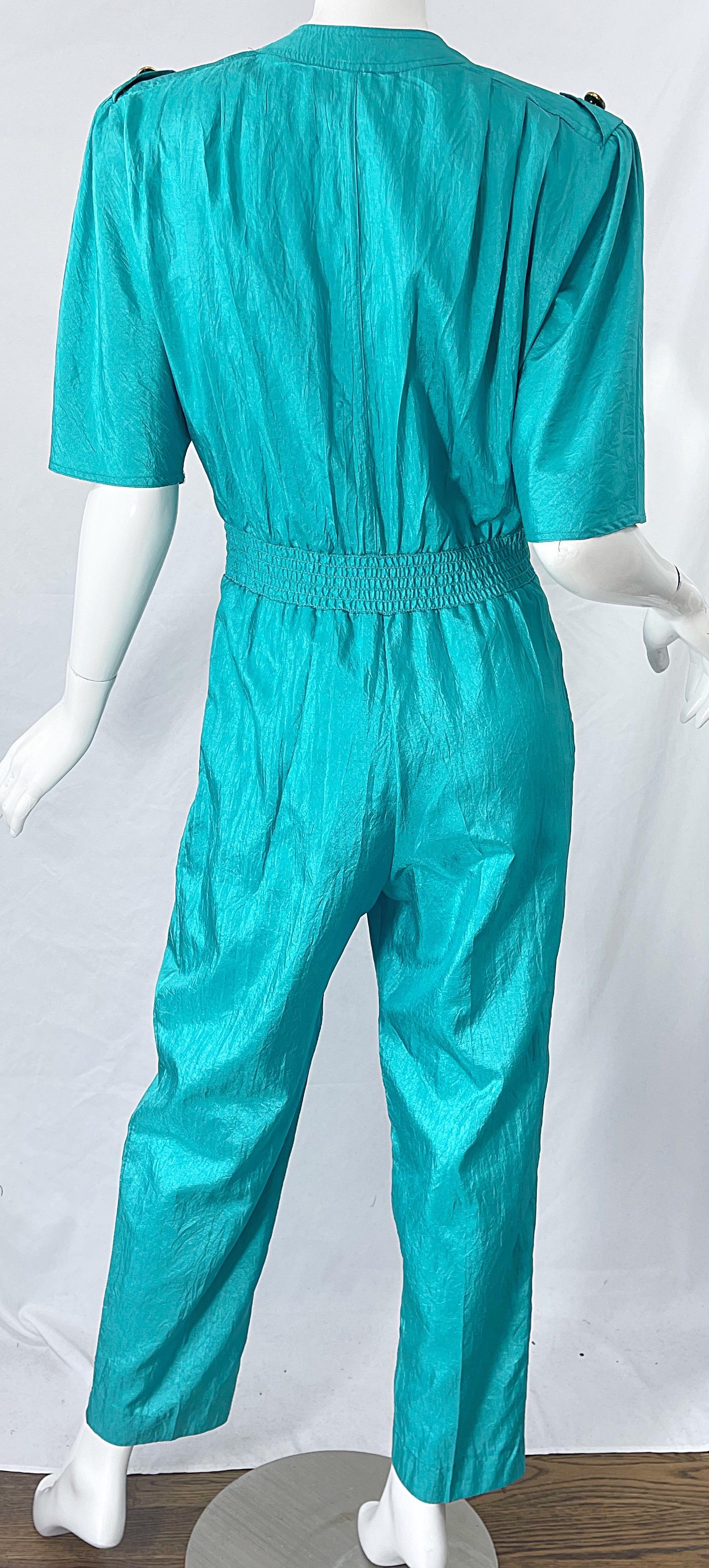1980s Teal Blue Green Size 10 Crescent Windbreaker Fabric Vintage 80s Jumpsuit 1