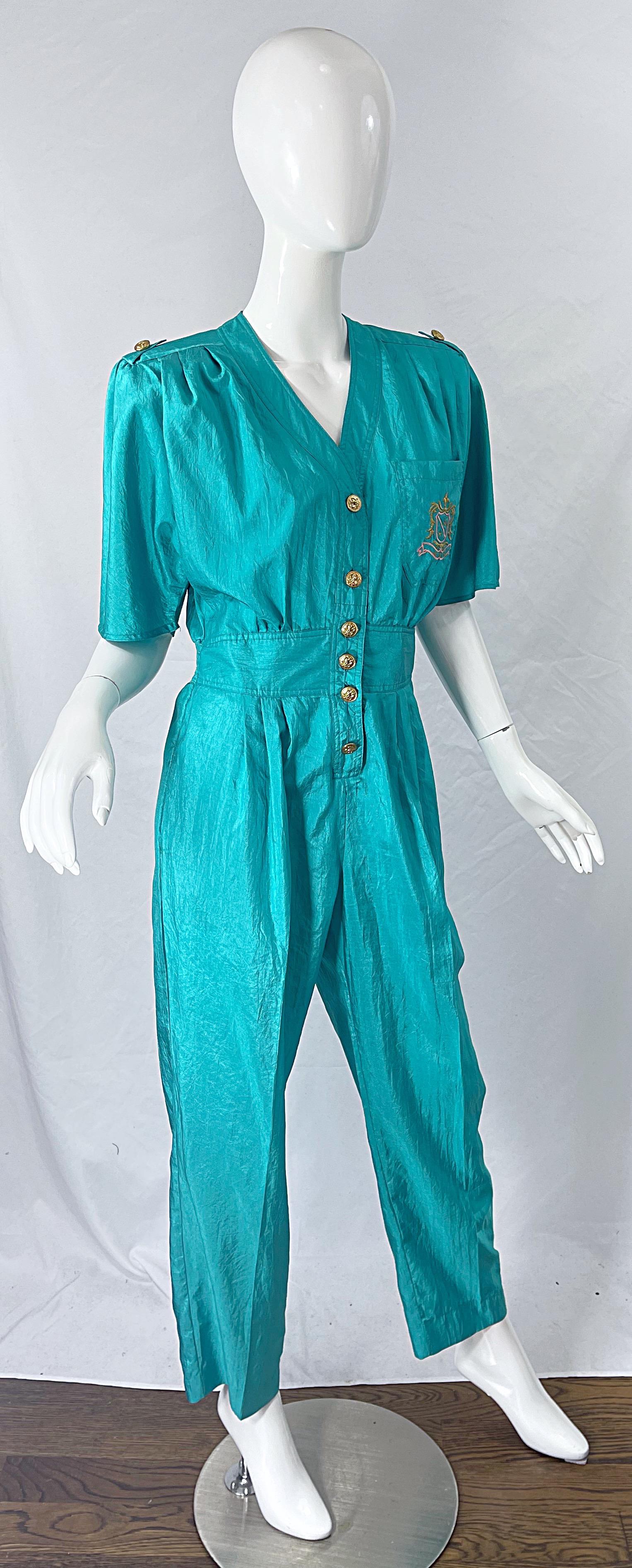 1980s Teal Blue Green Size 10 Crescent Windbreaker Fabric Vintage 80s Jumpsuit 2