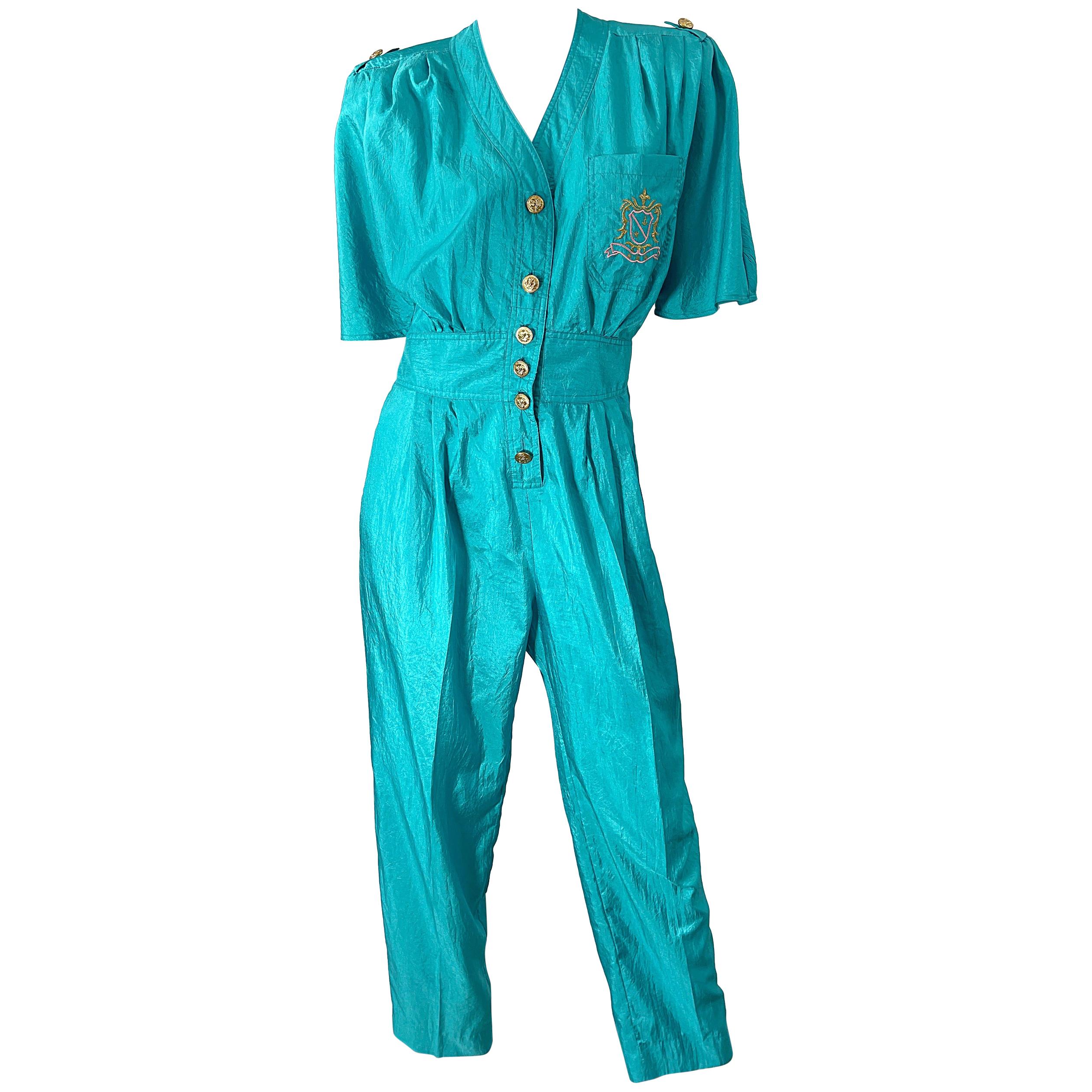 1980s Teal Blue Green Size 10 Crescent Windbreaker Fabric Vintage 80s Jumpsuit