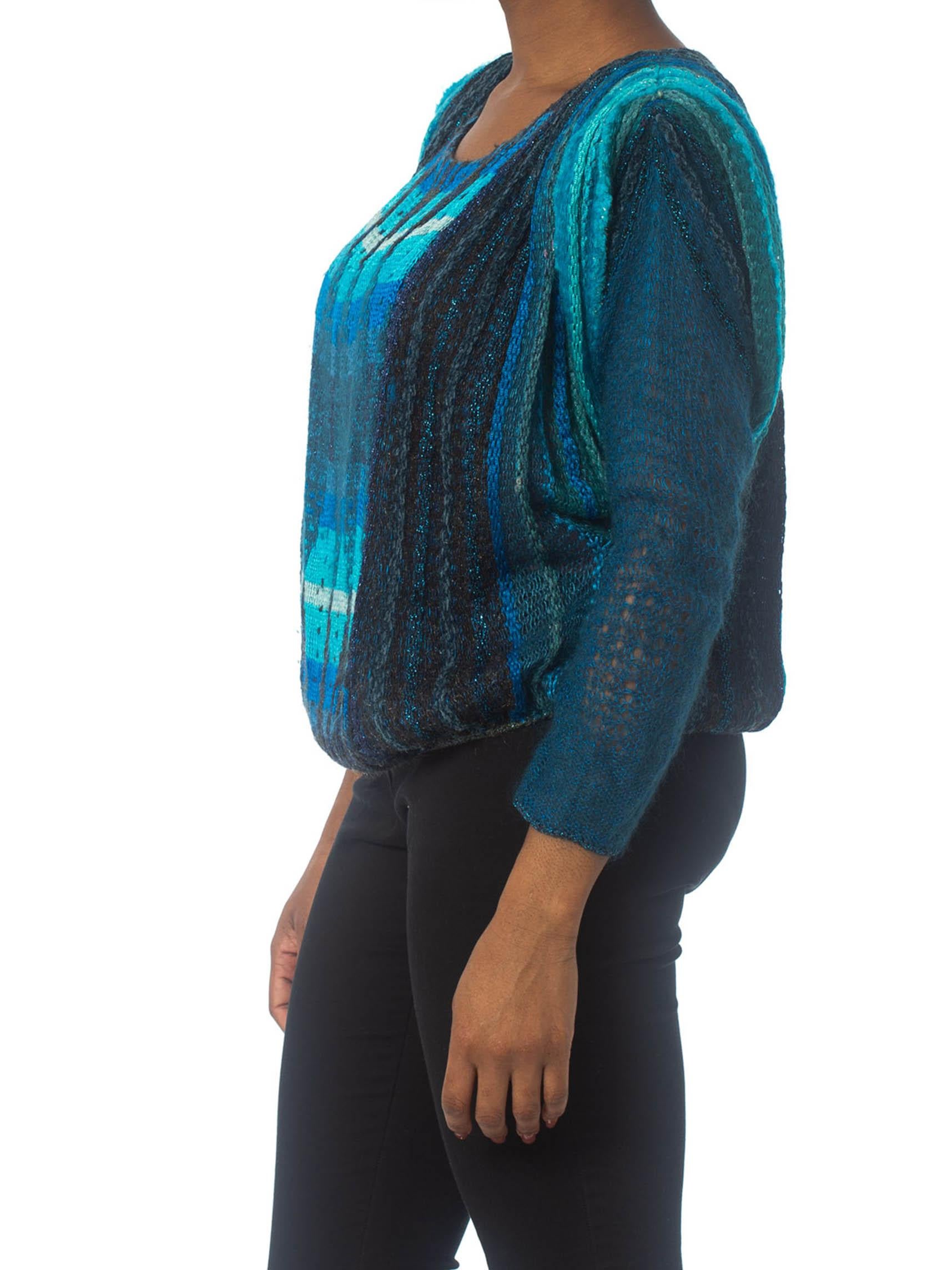 1980S Teal & Blue Rayon Wool Knit Pleated Sleeve Sweater In Excellent Condition In New York, NY