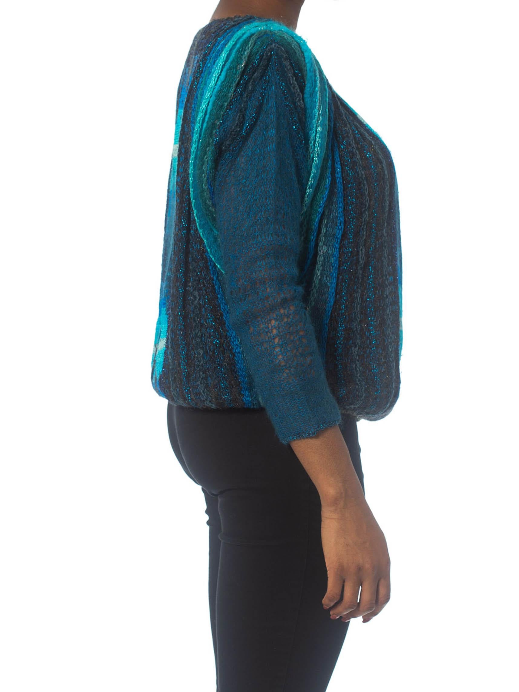 1980S Teal & Blue Rayon Wool Knit Pleated Sleeve Sweater 2
