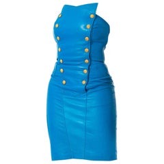 1980S Teal Buttery Soft Leather Strapless Dress With Gold Military Snap Buttons