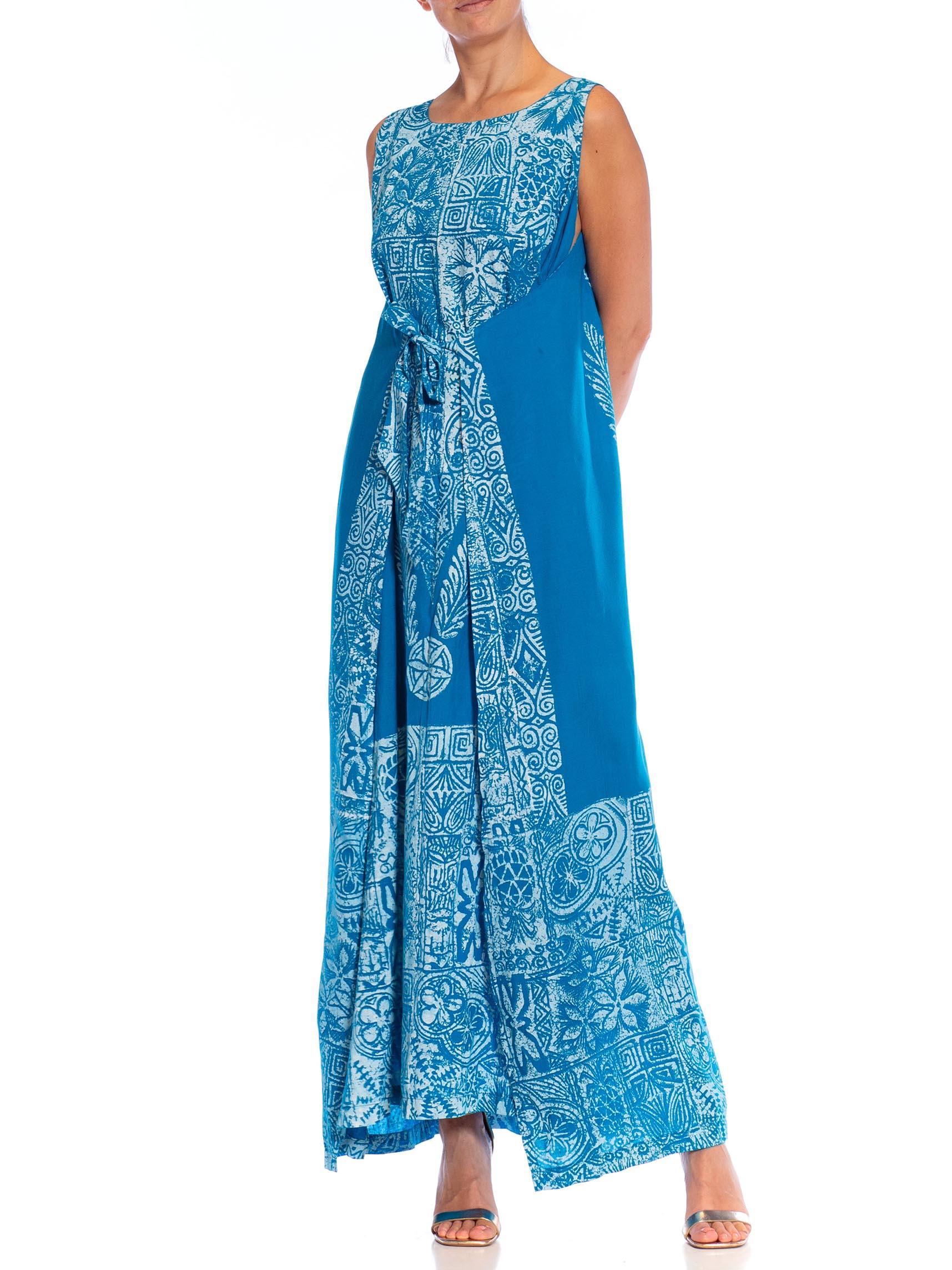 1980S Teal Cotton Blend Tiki Print Wrap Dress For Sale 1