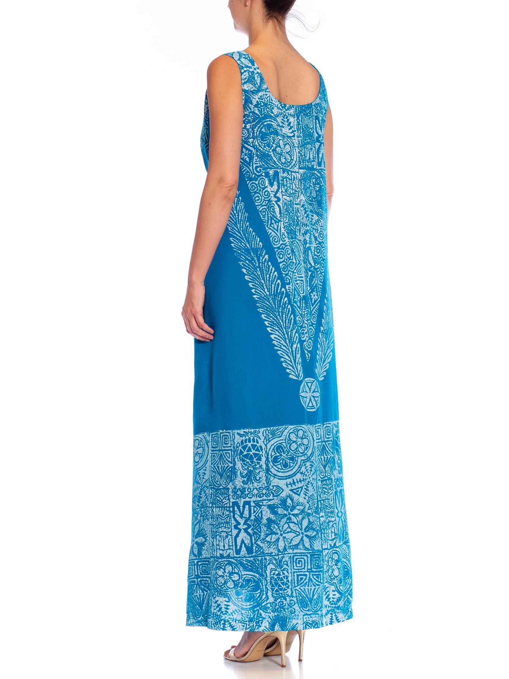 1980S Teal Cotton Blend Tiki Print Wrap Dress For Sale 2