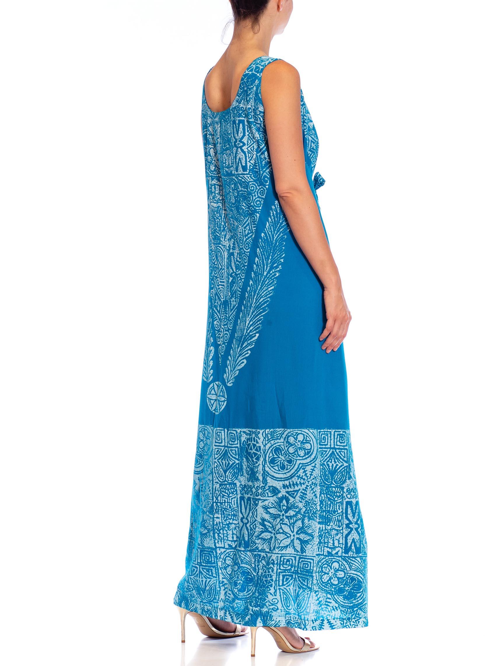 1980S Teal Cotton Blend Tiki Print Wrap Dress For Sale 3
