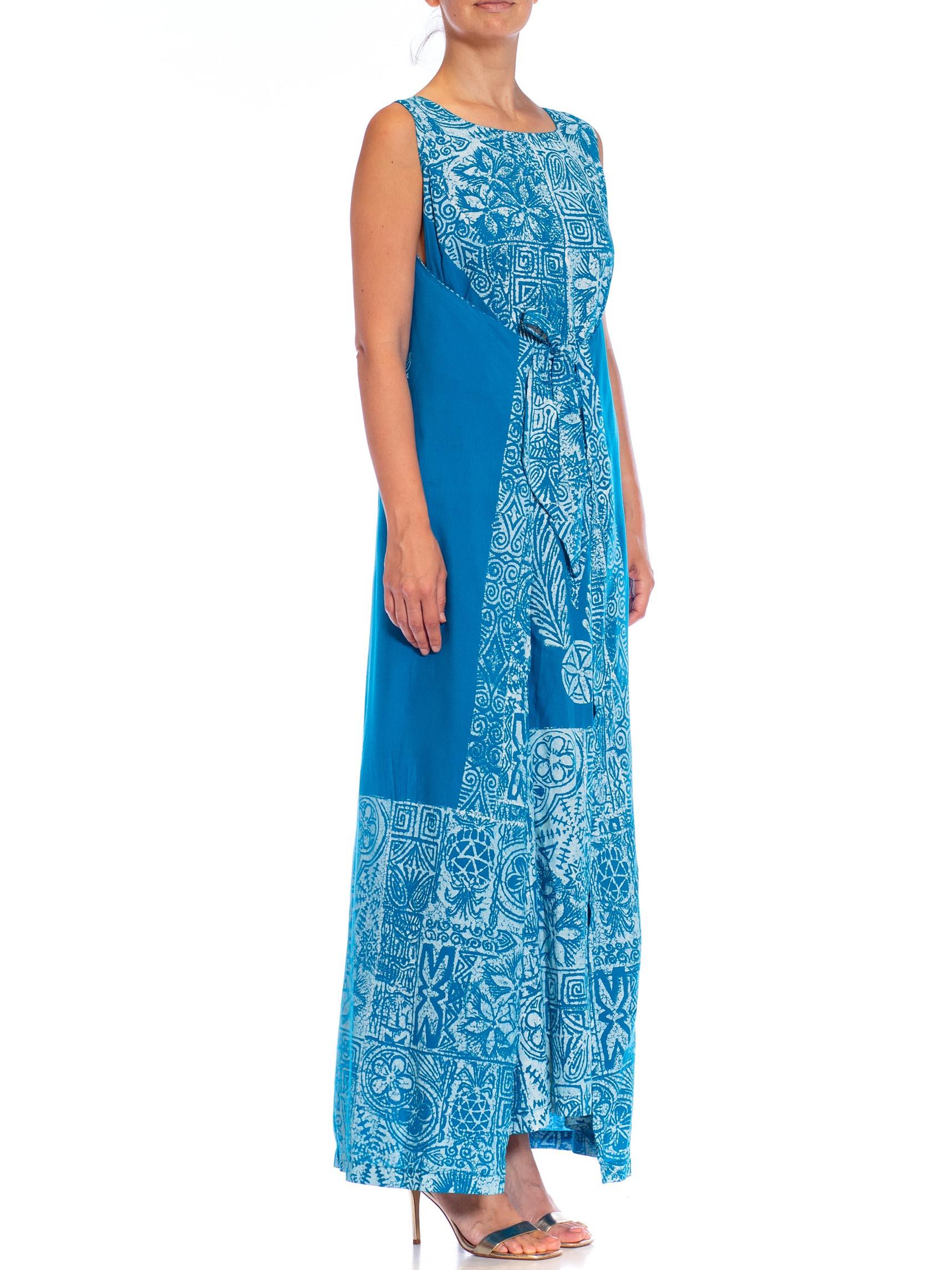 1980S Teal Cotton Blend Tiki Print Wrap Dress For Sale 4
