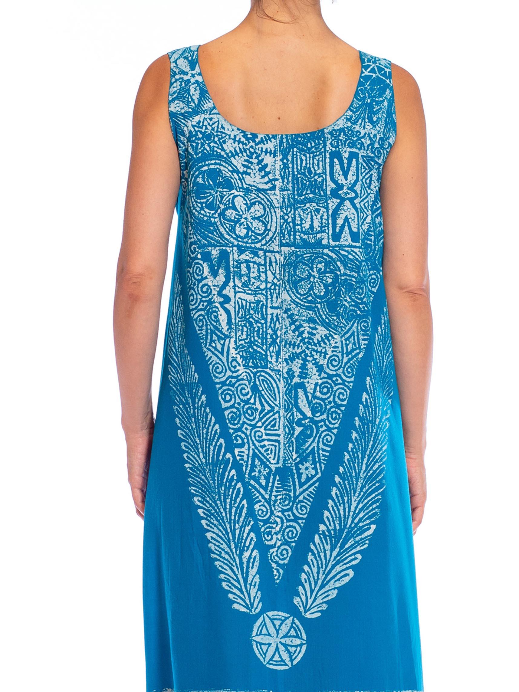 1980S Teal Cotton Blend Tiki Print Wrap Dress For Sale 5