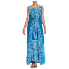 1980S Teal Cotton Blend Tiki Print Wrap Dress