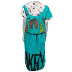 1980S Teal Cotton "Clap Your Hands Say Yakety-Yak!!" Shirt & Skirt Ensemble