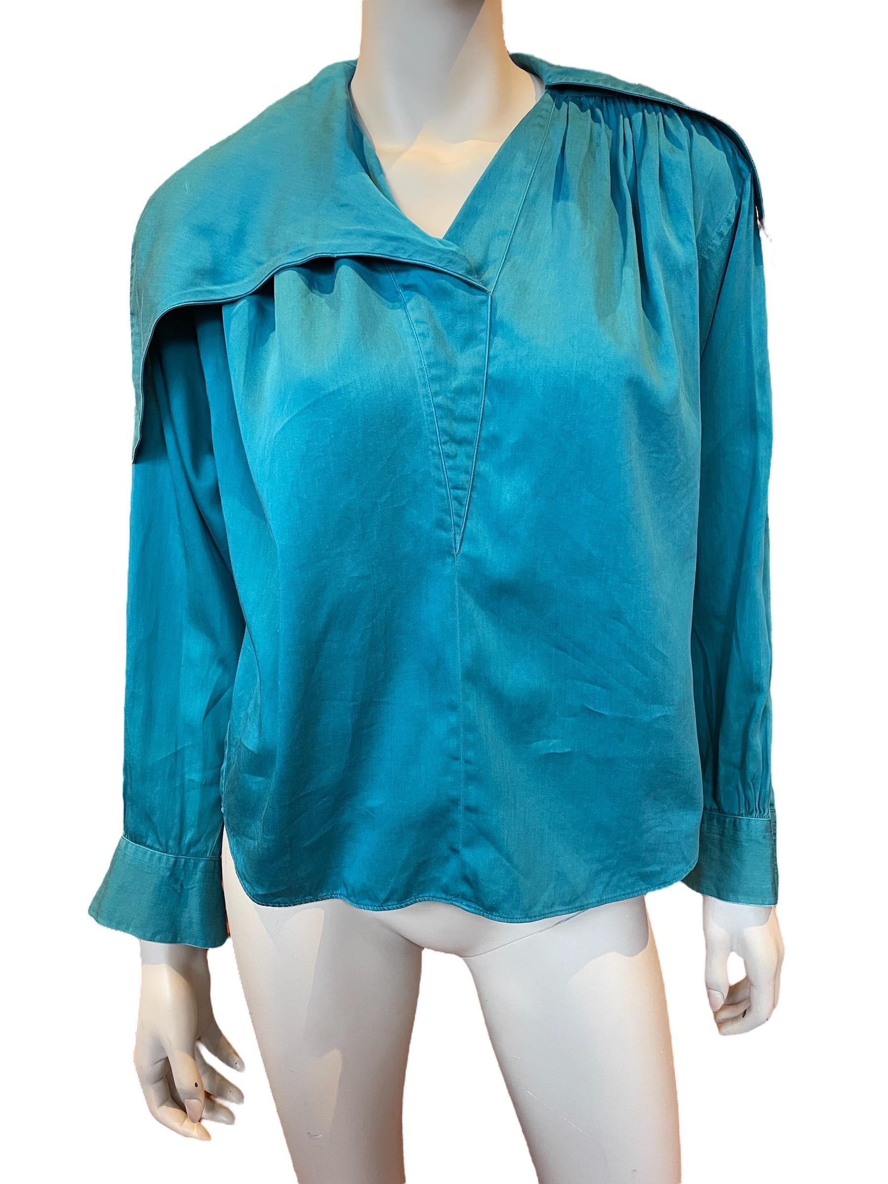 1980s Teal Kenzo Paris Cotton Asymmetrical Shirt  In Good Condition For Sale In Greenport, NY