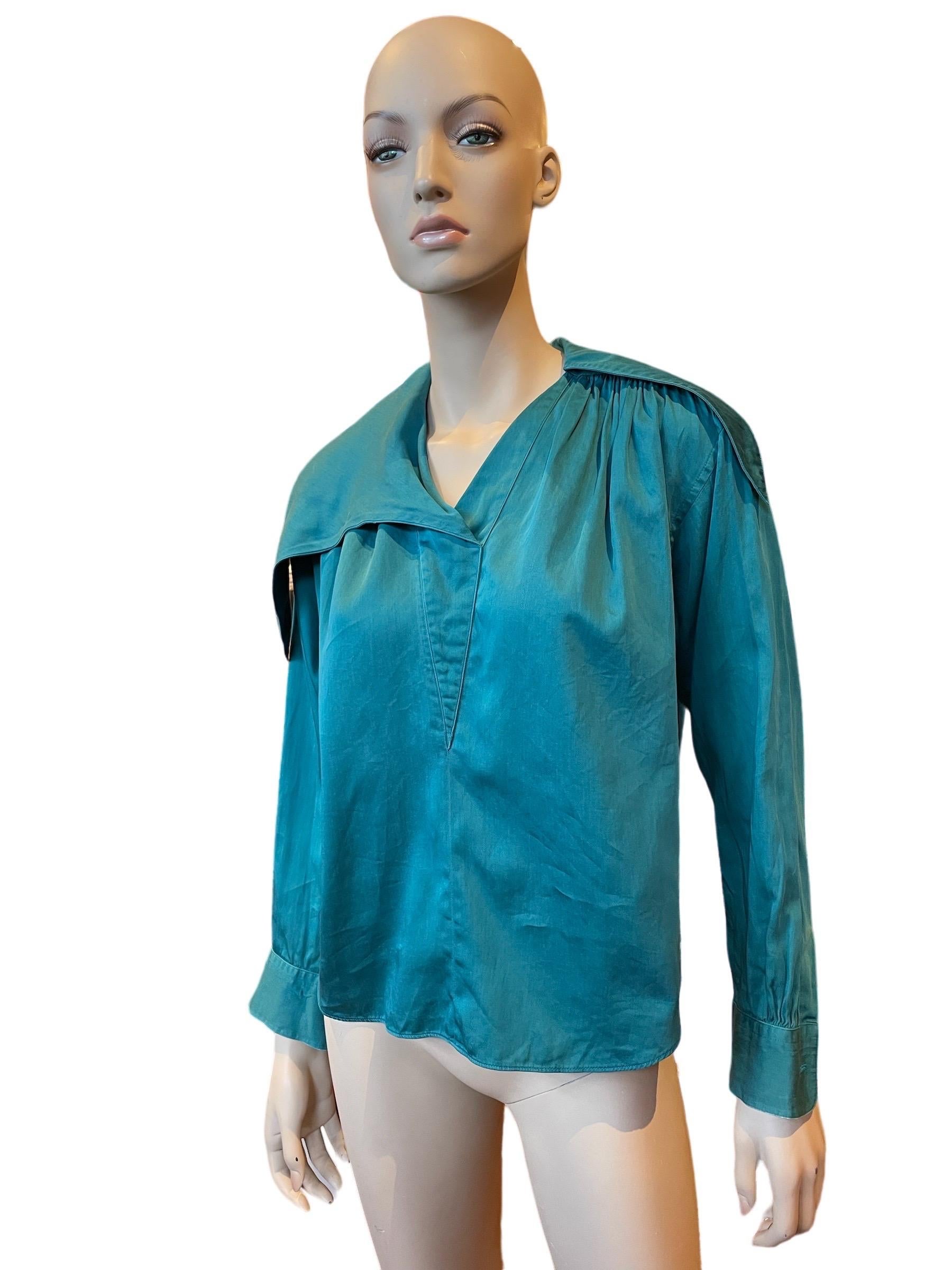 Women's or Men's 1980s Teal Kenzo Paris Cotton Asymmetrical Shirt  For Sale