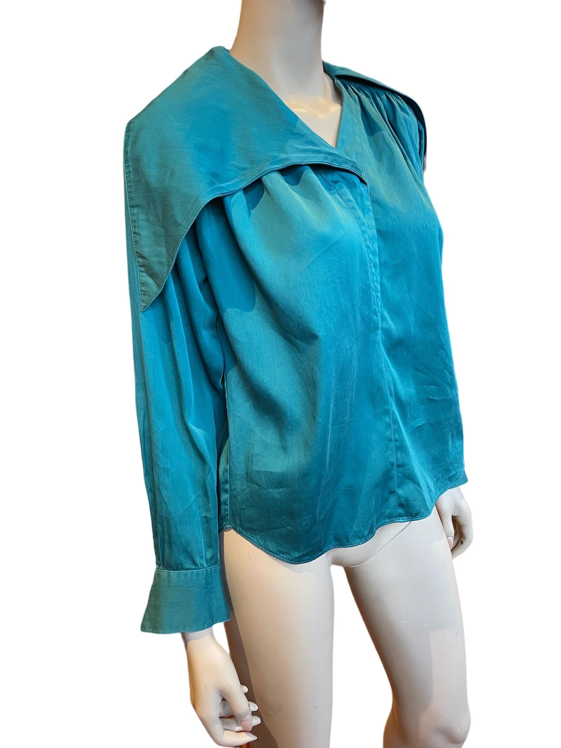 1980s Teal Kenzo Paris Cotton Asymmetrical Shirt  For Sale 1