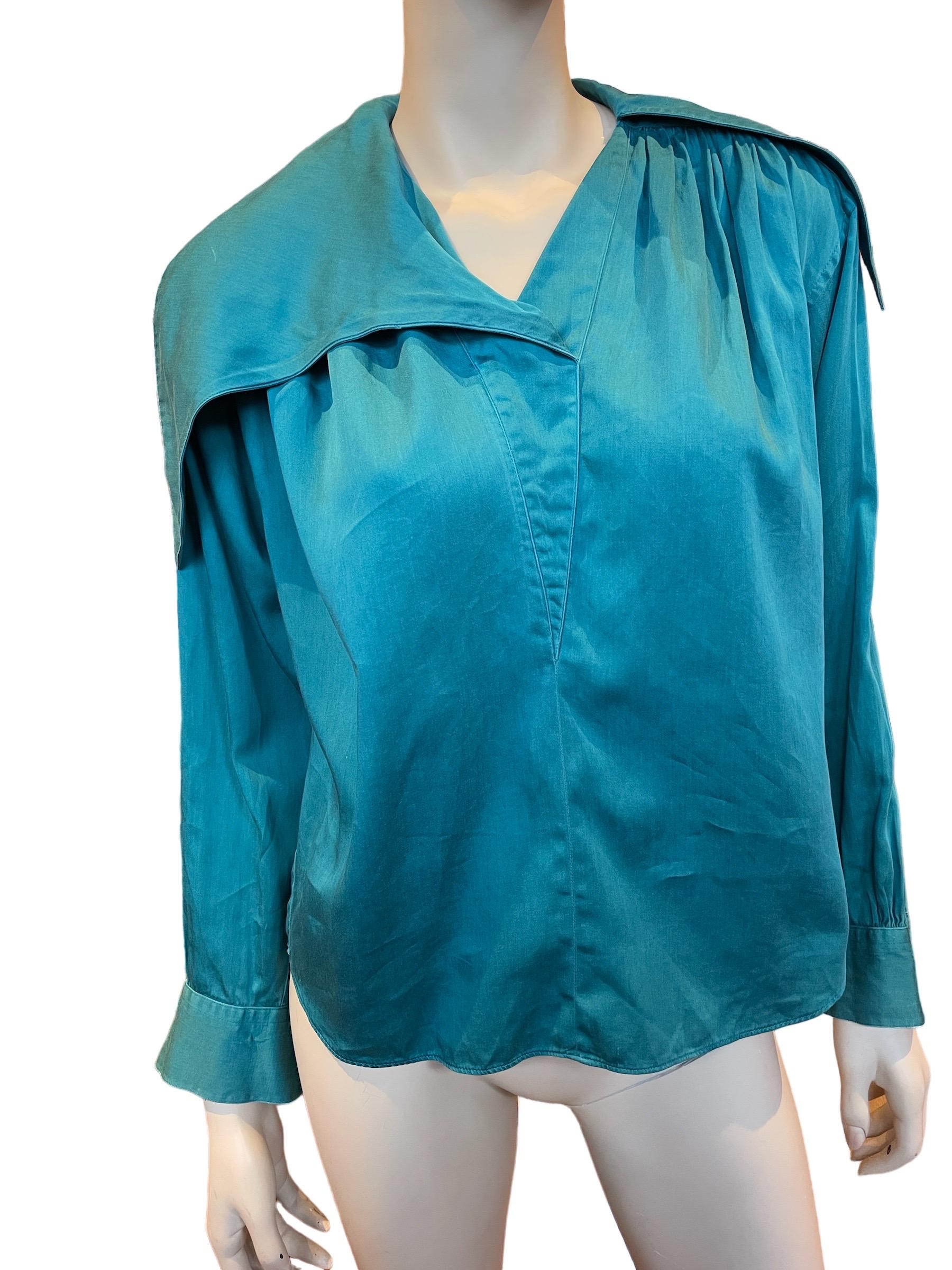 1980s Teal Kenzo Paris Cotton Asymmetrical Shirt  For Sale 3