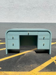 1980s Teal Laminated Over Wood Waterfall Desk Karl Springer Style
