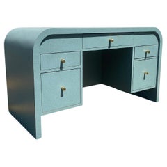 Retro 1980s Teal Laminated Over Wood Waterfall Cane Desk Attributed to Karl Springer