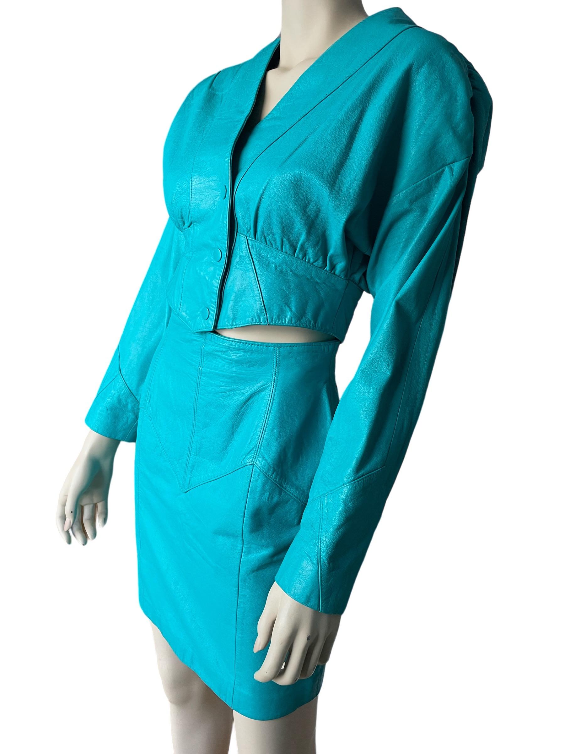 1980s Teal Leather Cropped Jacket and Skirt Set  In Good Condition For Sale In Greenport, NY