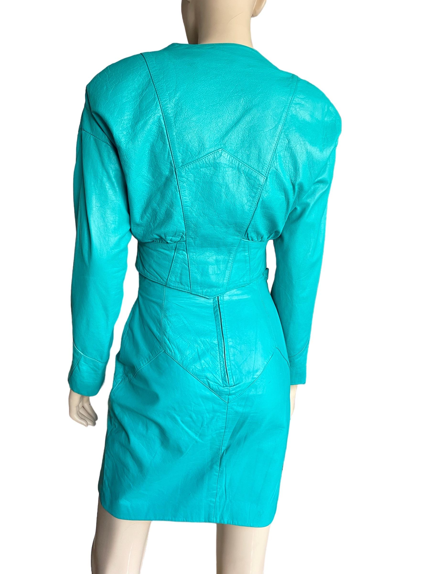 Women's or Men's 1980s Teal Leather Cropped Jacket and Skirt Set  For Sale