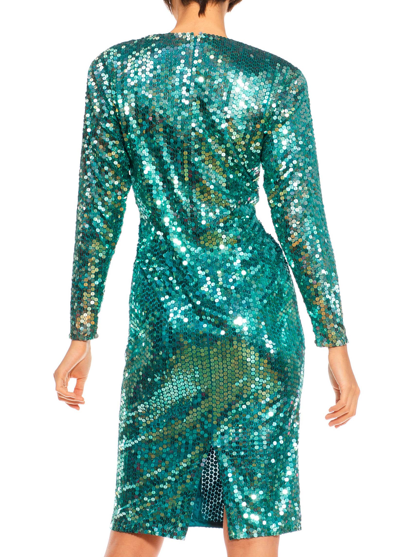 1980S Teal Sequined Poly/Viscose Jersey Low Cut & Long Sleeved Cocktail Dress For Sale 1