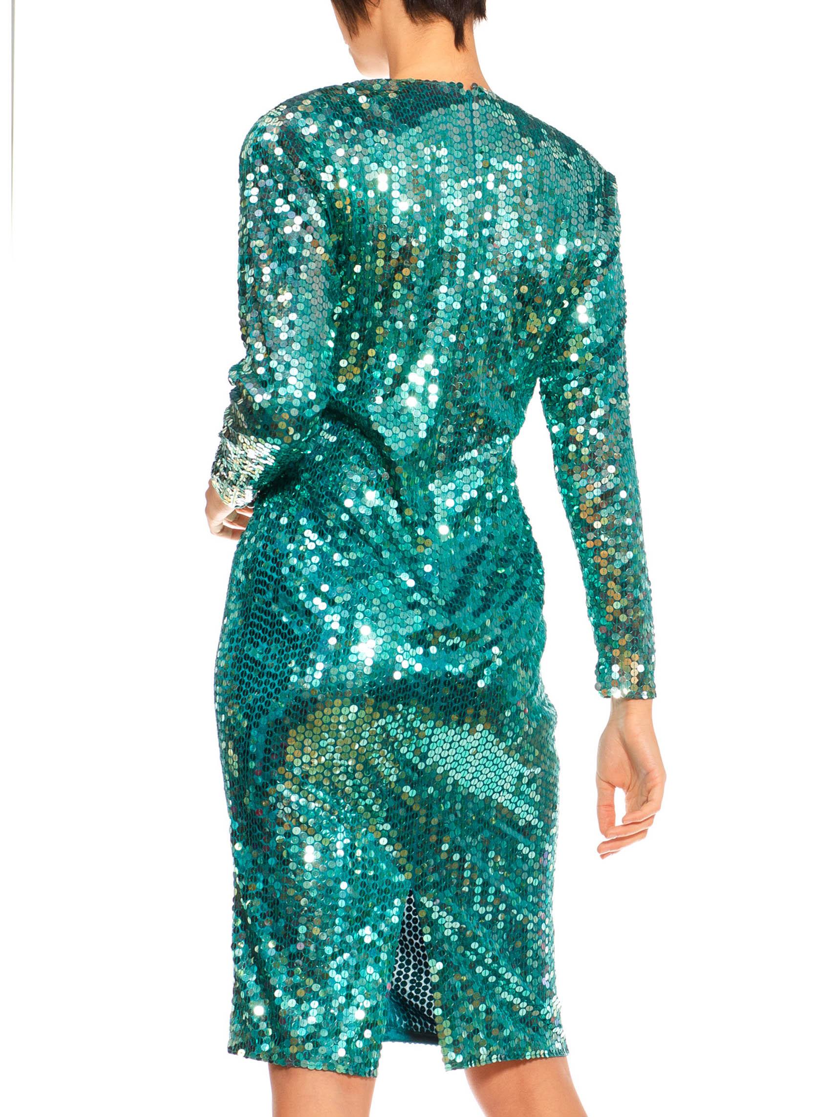 1980S Teal Sequined Poly/Viscose Jersey Low Cut & Long Sleeved Cocktail Dress For Sale 3