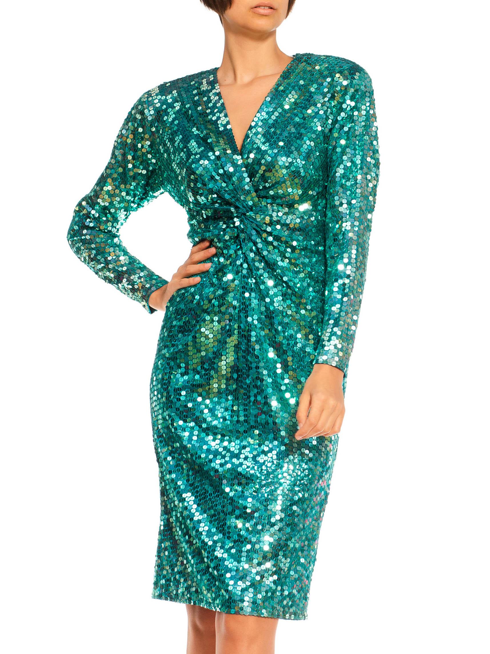 1980S Teal Sequined Poly/Viscose Jersey Low Cut & Long Sleeved Cocktail Dress For Sale 4