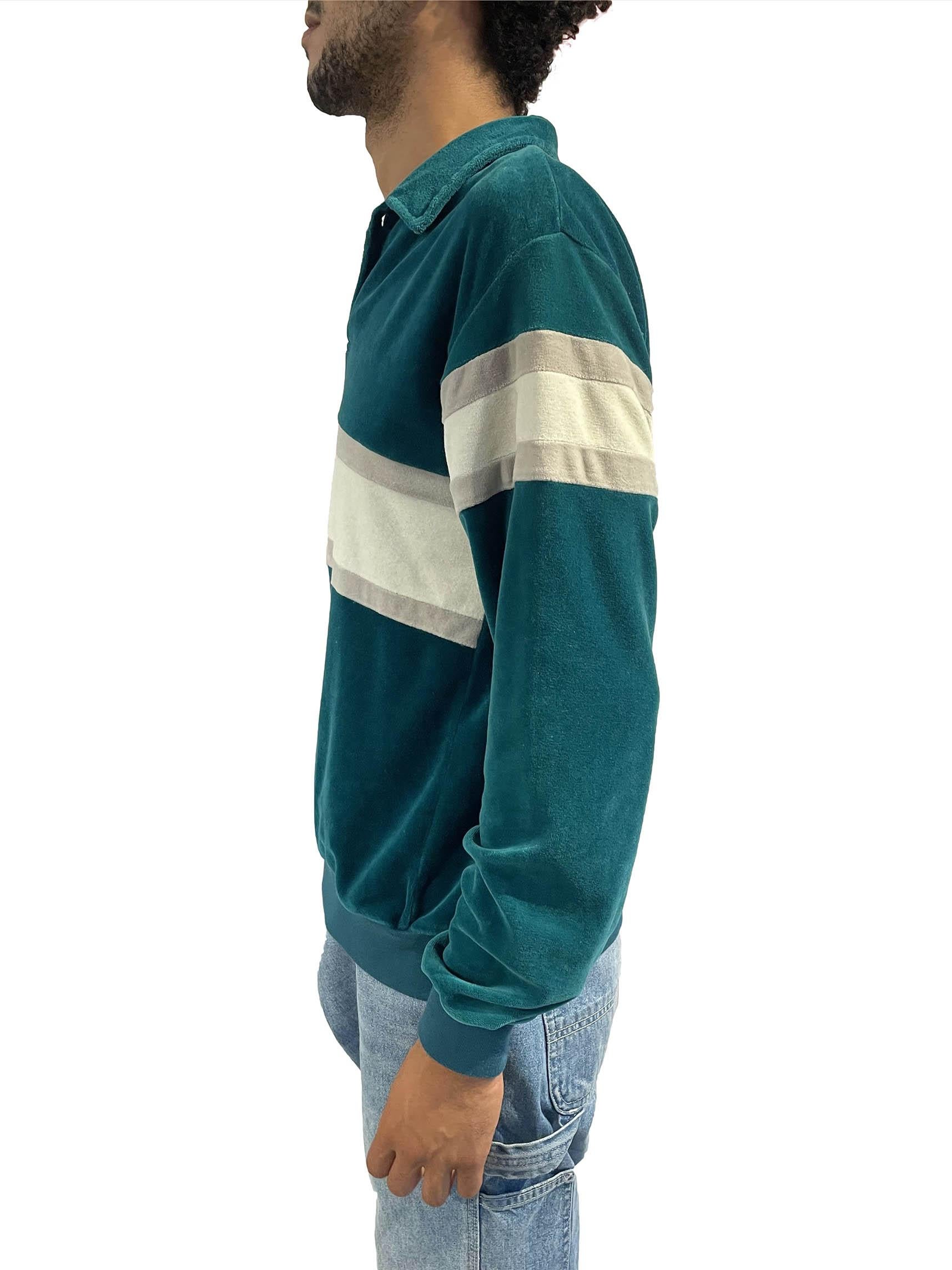 Blue 1980S Teal & White Stripe Poly/Cotton Velvet Pull Over Sweatshirt