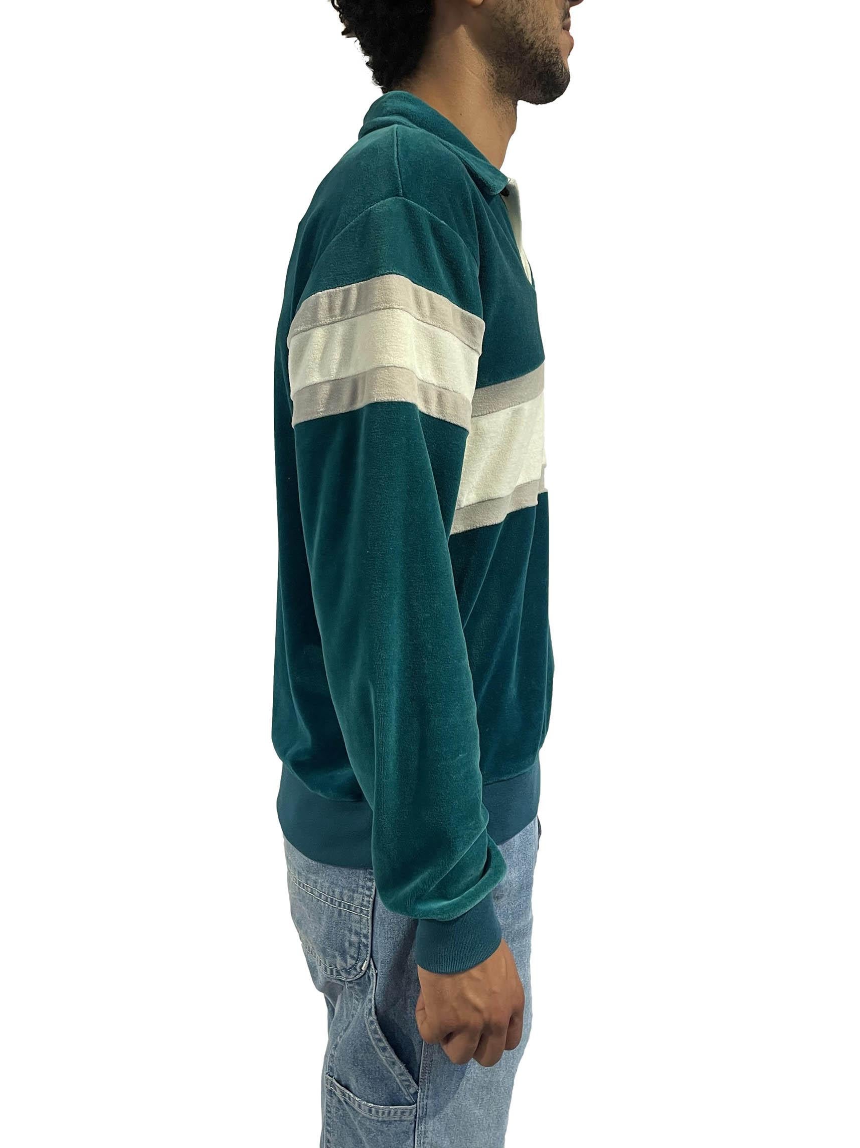1980S Teal & White Stripe Poly/Cotton Velvet Pull Over Sweatshirt In Excellent Condition In New York, NY