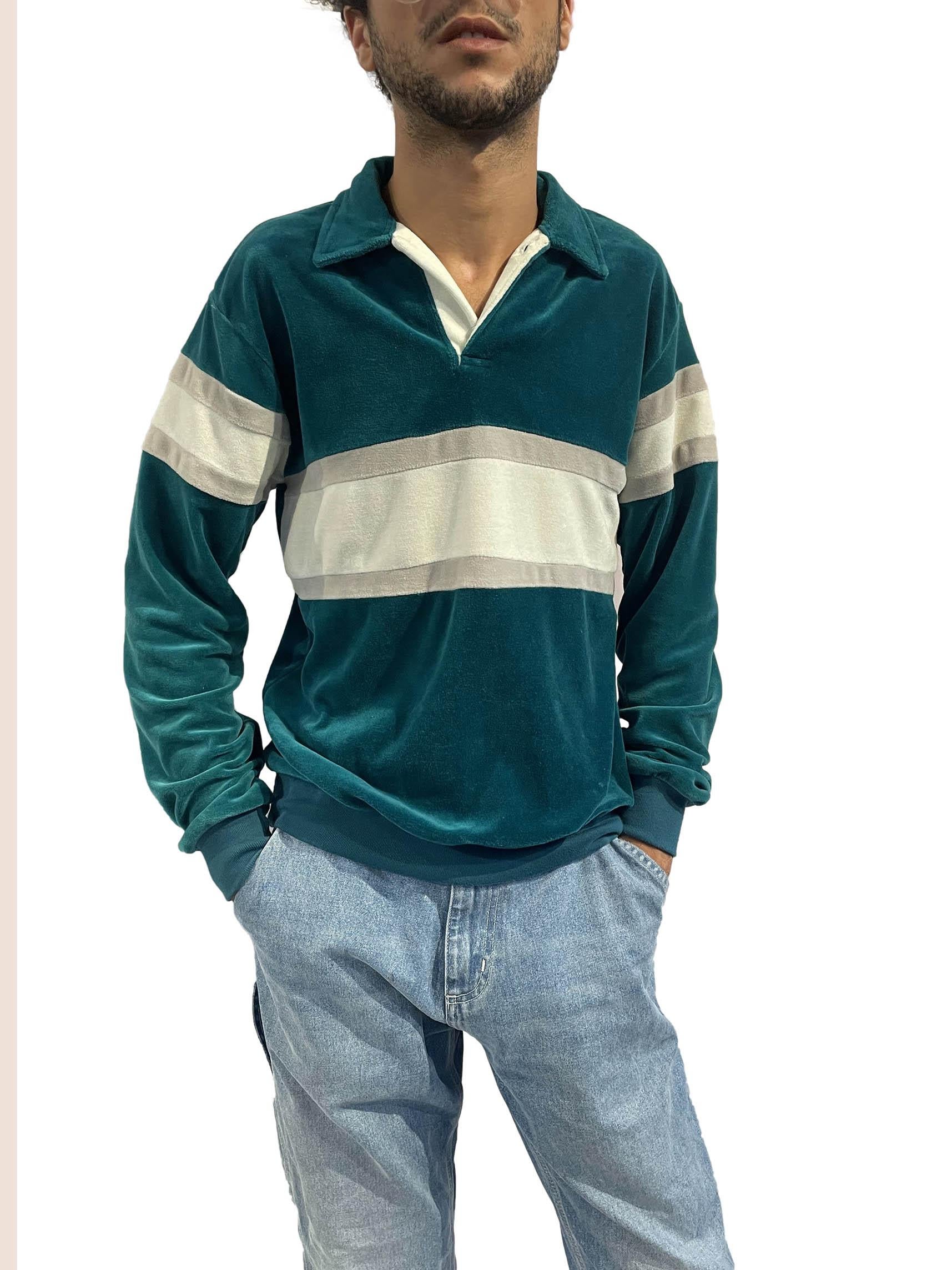 Men's 1980S Teal & White Stripe Poly/Cotton Velvet Pull Over Sweatshirt