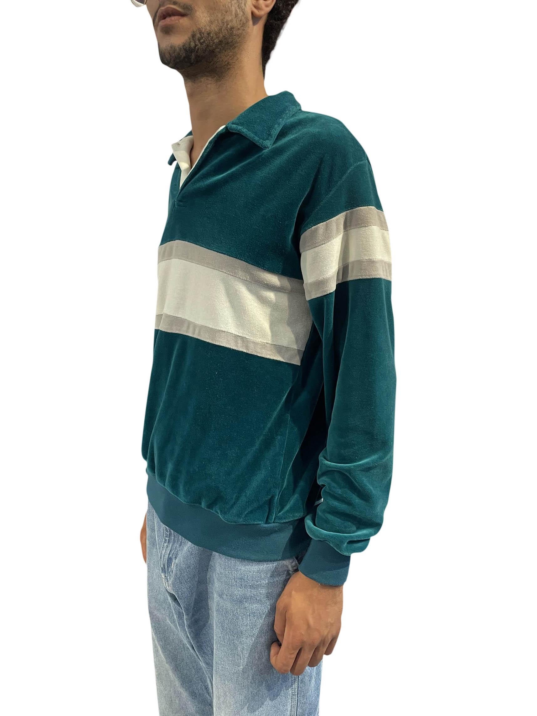 1980S Teal & White Stripe Poly/Cotton Velvet Pull Over Sweatshirt 2