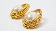 1980s Tear Drop Pearl & Gold-Tone Layered Chain Clip-On Earrings