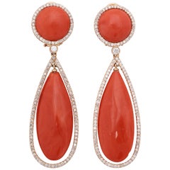 1980s Teardrop and Button Shaped Coral with Diamonds Pendant Drop Gold Earclips